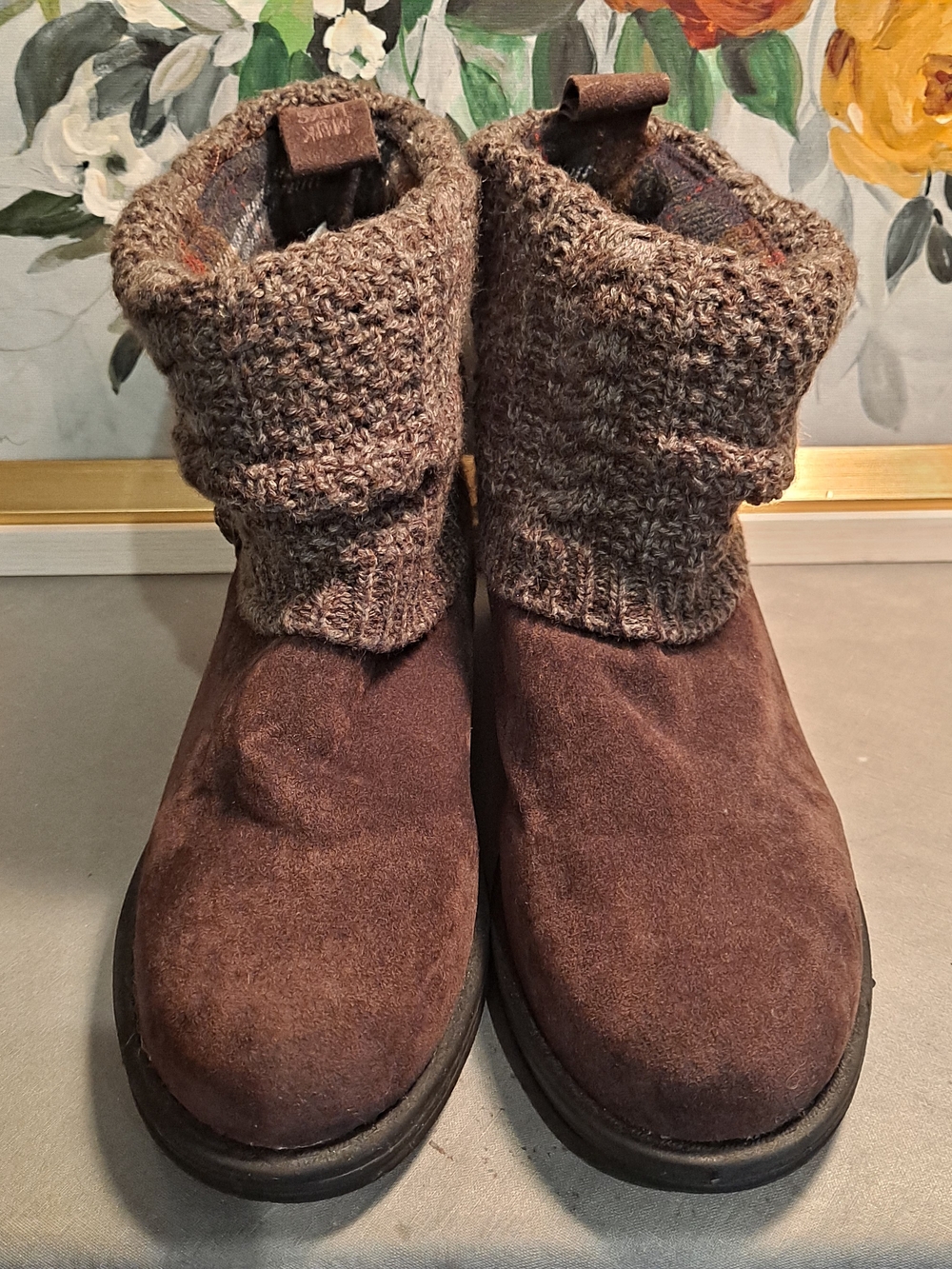 Muk Luks Laurel Sweater Cozy Java Brown Suede Knit Cuff Ankle Boots